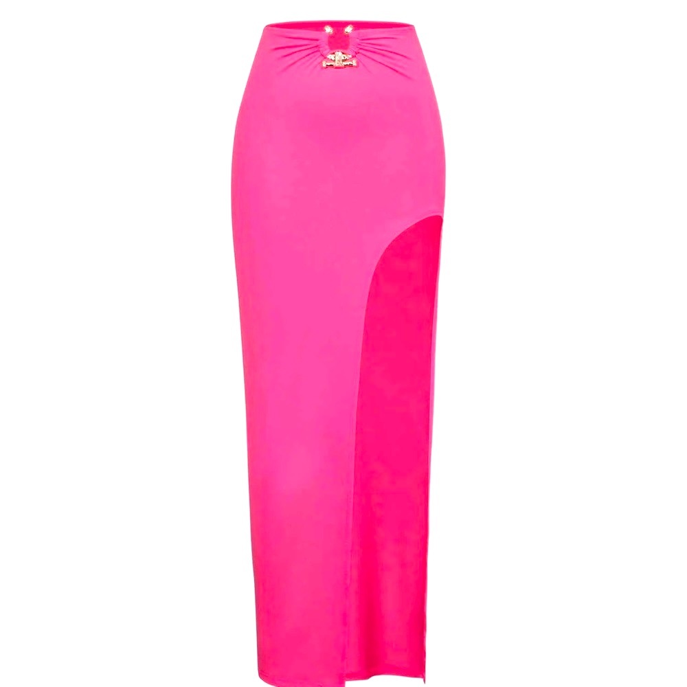 ☀️ Neon Pink Asymmetrical Skirt & Orange Bandeau Top 💕 - Picture 4 of 6